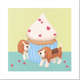 Cute Beagles & Cupcake Illustration Posters and Art